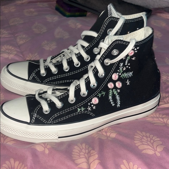 Converse Shoes - Converse Black High-Top Sneakers with Pink Floral Embroidery